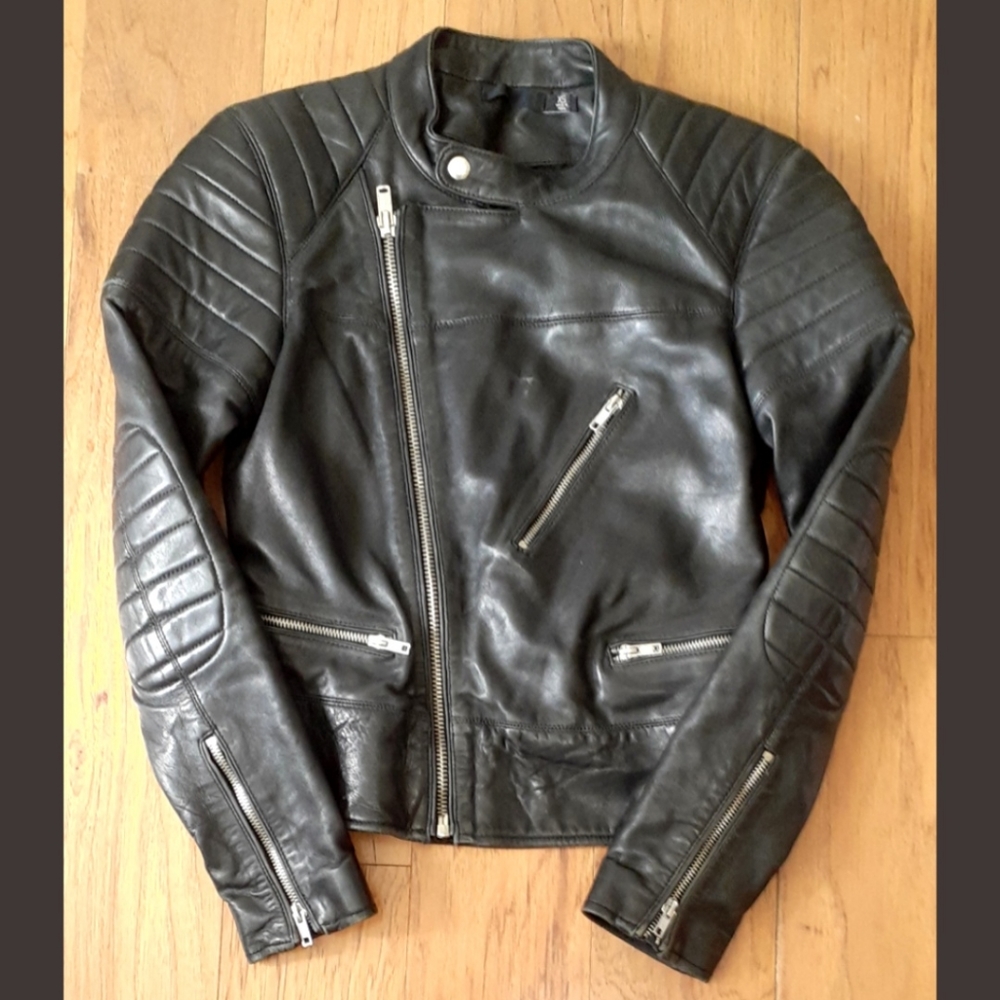 BLK DNM Leather Jacket Accordion Nehru Collar XS Padded Motorcyle Moto Chic - Picture 2 of 9